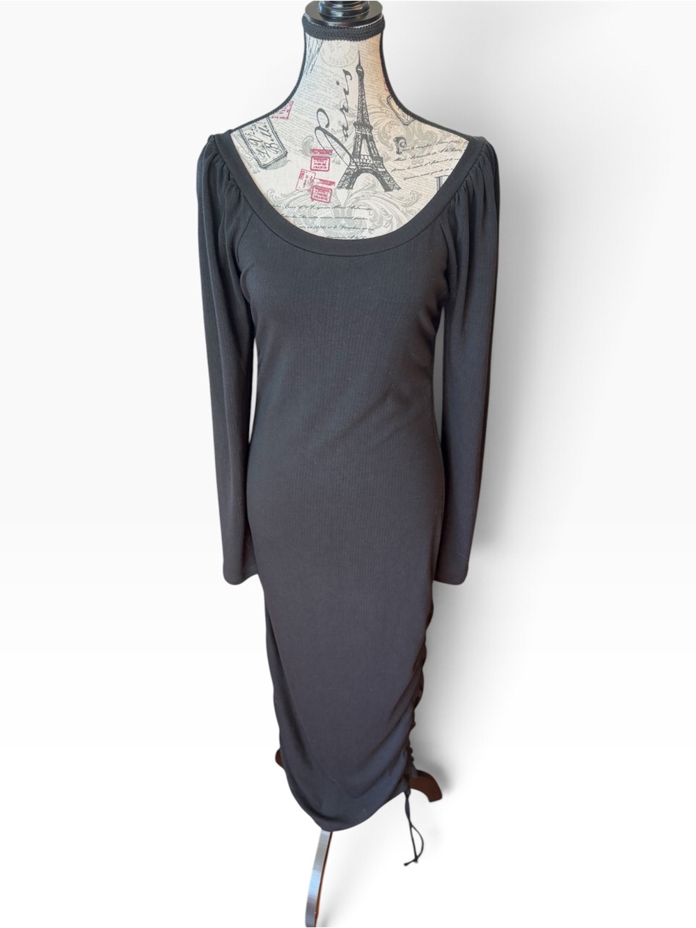 Betsey Johnson Black Ribbed Ruched Long Sleeve Midi Dress Large